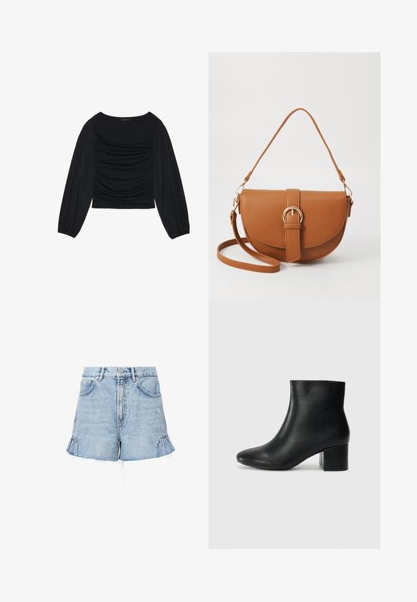 Top preto de manga longa com detalhe de tecido franzido na parte da frente e nos pulsos, feito de material suave e elástico com decote à barco.; Bermudas de ganga azul claro com bainha desfiada, apresentando babados laterais, bolsos frontais e fecho de botão com zip.; Botas de tornozelo em pele preta com bico pontiagudo e um salto robusto. Textura suave com acentos mínimos e um design ajustado e elegante.; Bolsa transversal de couro castanho com um formato curvado, ferragens douradas e um detalhe de fivela. Inclui uma alça de ombro destacável.