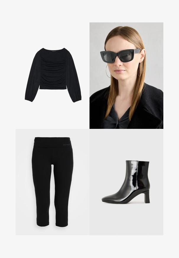 Melna garā piedurkne tops ar savilktām auduma detaļām priekšā un pie plaukstām, izgatavots no mīksta, elastīga materiāla ar laivu kakla izgriezumu.; Melni capri legingi, izgatavoti no elastīga auduma. Funkcijas plaša josta ar diskrētu zīmolu. Gluda tekstūra un pieguļošs dizains.; Melnas patentētas ādas potīšu zābaki ar norādītu pirkstu un vidēja augstuma kvadrātveida papēdi. Gluda tekstūra un minimālisma dizains.; Melna kaķa acs saulesbrilles ar tumšiem objektīviem, bieziem rāmjiem un smalkiem akcentiem. Valkātas ar melnu mēteļi un pelēku augšu, ar garām taisnām matiem.