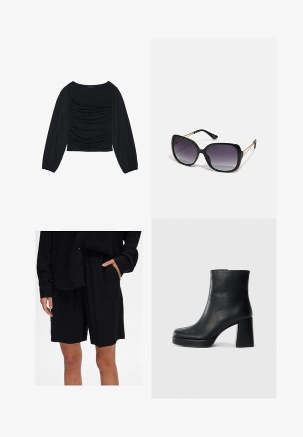 Černý top s dlouhým rukávem, který má na přední straně a zápěstích nařasený materiál. Je vyroben z měkkého, elastického materiálu a má lodní výstřih.; Černé volné šortky vyrobené z měkké tkaniny s elastickým pasem a postranními kapsami; doplněné o odpovídající košili na knoflíky.; Černý kožený kotníkový bot s blokovým podpatkem a platformou, viděný z boku na jednoduchém bílém pozadí.; Černé oversized sluneční brýle se gradientními skly, silnými rámy a zlatými řetízkovými detaily na nožičkách.; Černá kabelka se strukturovaným tvarem, hladkým povrchem a kovovým uzávěrem. Kombinována s širokými černými kalhotami a sandály s otevřenou špičkou na dřevěné podlaze.