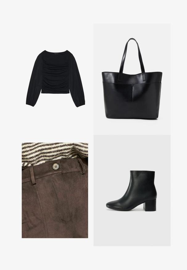Črn top z dolgimi rokavi, ki se ponaša z nabranimi detajli na sprednji strani in zapestjih. Narejen je iz mehkega, raztegljivega materiala z obliko čolnastega izreza.; Rjava semišasta hlače z gladko teksturo, ki imajo sprednji gumb in zanke za pas, delno pokrite s prugastim pletenim puloverjem.; Črne usnjene gležnjarje s koničastim nosom in debelim peto. Gladka tekstura z minimalnimi detajli in eleganten, prilegajoč dizajn.; Črna usnjena torba z dvema dolgima ročajema, gladko teksturo in strukturirano obliko. Ima sprednji žep za dodatno shranjevanje.