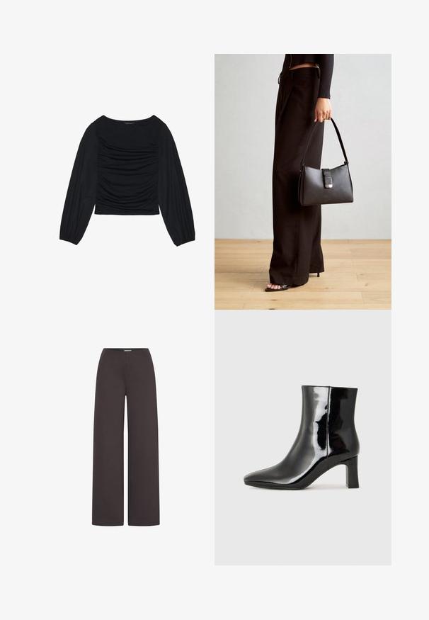 Zwarte longsleeve top met geplooid stofdetail aan de voorkant en bij de polsen, gemaakt van zachte, rekbare stof met een barco neckline.; ICHI Broek - chocolate torte; Zwarte gepolijste leren enkellaars met een spitse neus en een blokhak van gemiddelde hoogte. Glad textuur en minimalistisch ontwerp.; Zwarte handtas met gestructureerde vorm, gladde textuur en een metalen sluiting. Gecombineerd met brede zwarte broeken en sandalen met open teen op een houten vloer.