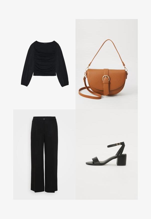 Čierny top s dlhým rukávom s drapovaným detailom na prednej časti a zápästiach, vyrobený z mäkkého, elastického materiálu s lodným výstrihom.; Čierne široké nohavice s hladkým povrchom, so zapínaním na gombík, prešitým pásom a bez viditeľných vzorov alebo akcentov.; Čierne sandále na podpätku so hladkým koženým vrchom, otvorenou špičkou, širokými prednými prúžkami a nastaviteľným členkovým popruhom so zlatým prackom.; Hnedá kožená kabelka cez telo s zakriveným tvarom, zlatými kovovými doplnkami a akcentom s prackou. Obsahuje odnímateľný ramenný popruh.