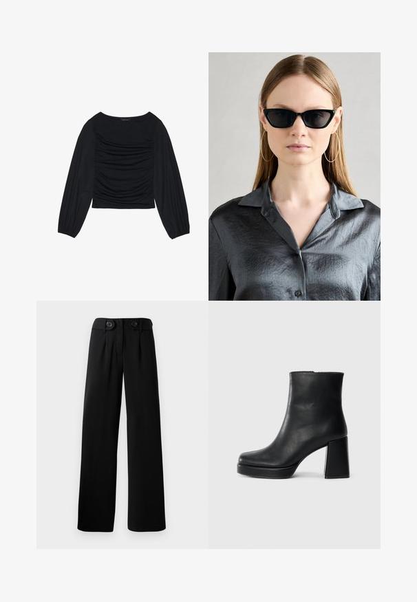 Svart langermet topp med rynket stoffdetalj foran og ved håndleddene, laget av mykt, elastisk materiale med båthals.; Høyt liv svart vide bukser med to store svarte knapper i livet.; Sorte skinnankelsko med blokkhæl og plattformsåle, sett fra siden på en enkel hvit bakgrunn.; Svarte katteøye solbriller med glansfull finish, iført en teksturert grå skjorte med knapper og krage. Store hoop-øreringer er synlige.