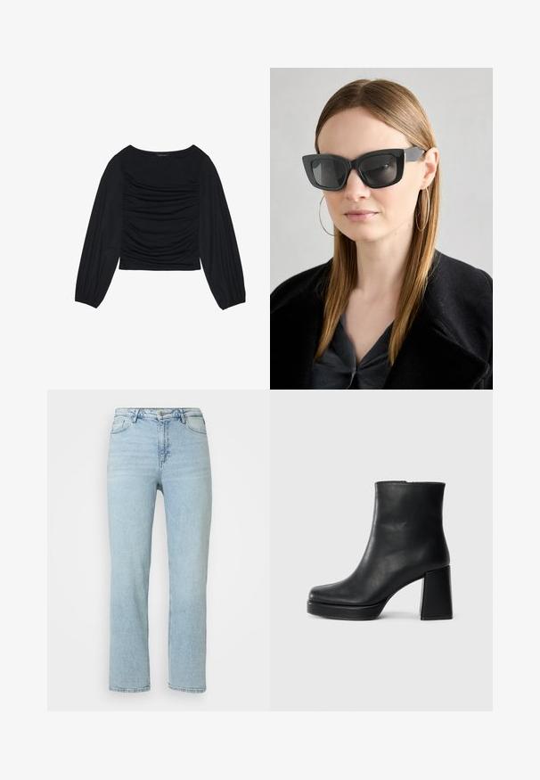 Zwarte longsleeve top met geplooid stofdetail aan de voorkant en bij de polsen, gemaakt van zachte, rekbare stof met een barco neckline.; Lichtblauwe rechte spijkerbroek met knoop- en ritssluiting aan de voorkant, ceintuurlussen en een klassiek vijf-pocket ontwerp.; Zwarte leren enkelboot met een blokhak en platformzool, zijaanzicht op een effen witte achtergrond.; Zwarte cat-eye zonnebril met donkere lenzen, dikke monturen en subtiele accenten. Draagt een zwarte jas en een grijze top, met lang stijl haar.