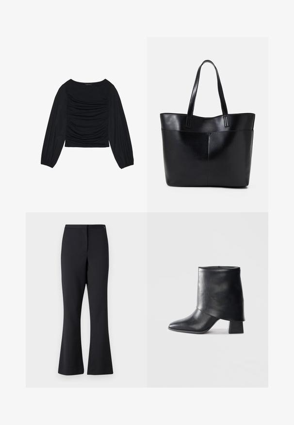 Black long-sleeve top featuring gathered fabric detail at the front and wrists, made of soft, stretchy material with a boat neckline.; Black flared trousers made of cotton blend fabric, featuring a smooth texture, waistband, and tailored front seam details.; Black leather ankle boot with a pointed toe, smooth texture, and a structured block heel. Features a high, folded cuff design.; Black leather tote bag with two long handles, a smooth texture, and a structured shape. Features a front pocket for additional storage.