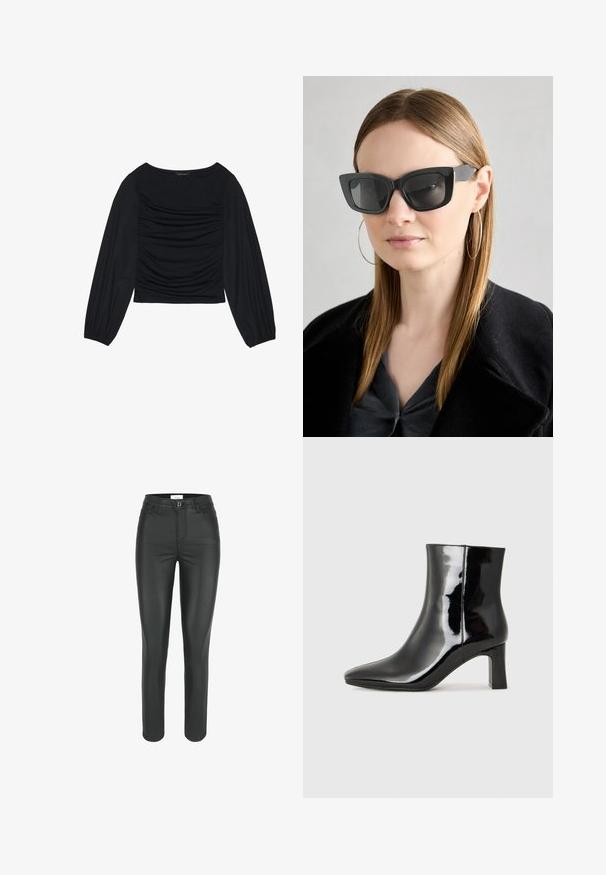 Schwarzes Langarmoberteil mit gerafftem Stoffdetail an der Vorderseite und an den Handgelenken, aus weichem, elastischem Material mit einem U-Boot-Ausschnitt.; Schwarze Kunstlederhose mit schmaler Passform, hoher Taille, Fronttaschen und einem einzigen Knopfverschluss. Glatte Textur und elegantes Design.; Schwarzer Lackleder-Stiefelette mit spitzer Zehe und einem mittelhohen Blockabsatz. Glatte Textur und minimalistisches Design.; Schwarze Katzenaugen-Sonnenbrille mit dunklen Gläsern, dicken Rahmen und subtilen Akzenten. Getragen mit einem schwarzen Mantel und einem grauen Oberteil, dazu lange, glatte Haare.