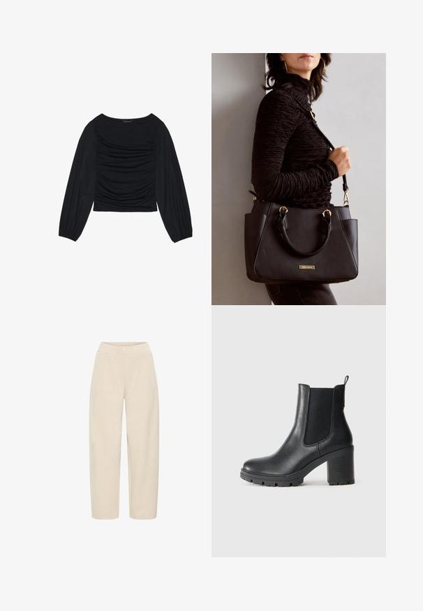 Schwarzes Langarmoberteil mit gerafftem Stoffdetail an der Vorderseite und an den Handgelenken, aus weichem, elastischem Material mit einem U-Boot-Ausschnitt.; Beige weit geschnittene Hosen mit elastischem Bund. Hergestellt aus weichem, strukturiertem Stoff, mit glatter Oberfläche und ohne zusätzliche Muster.; Schwarze Leder-Ankle Boots mit elastischen Seitenpanelen, dicker Gummisohle und einem hohen Blockabsatz. Mit einem Zugriegel auf der Rückseite.; Schwarze Handtasche mit strukturierten Oberflächen, doppelten Obergriffen und verstellbarem Schultergurt. Mit goldfarbener Hardware und Seitentaschen.