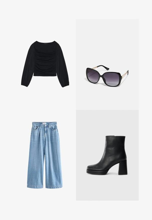 Melna garā piedurkne tops ar savilktām auduma detaļām priekšā un pie plaukstām, izgatavots no mīksta, elastīga materiāla ar laivu kakla izgriezumu.; Gaiši zili denima palazzo džinsi ar platām kājām, ar augstu jostasvietu, priekšējām kabatām un pogu aizdari. Svarīga izbalējusi tekstūra.; Melna ādas potīšu zābaku ar bloku papēdi un platformas zoli, skatīts no sāna uz vienkārša balta fona.; Melni pārmērīgi lieli saulesbrilles ar gradāciju lēcām, biezām rāmja malām un zeltainas krāsas ķēžu detaļām uz tempļiem.; Melnā somiņa ar strukturētu formu, gludu tekstūru un metālu sprādzi. Saskaņota ar platām melnām biksēm un sandālēm ar atvērtu purngalu uz koka grīdas.