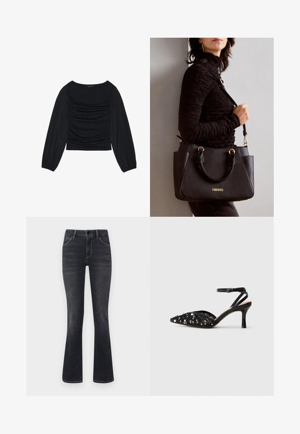 Top nero a maniche lunghe con dettaglio di tessuto arricciato sul davanti e ai polsi, realizzato in materiale morbido ed elasticizzato con scollatura a barca.; Jeans neri a gamba larga con vita media. Realizzati in tessuto denim, presentano un classico design a 5 tasche e una leggera scoloritura sul davanti e sul retro.; Scarpa nera con tacco medio e punta affusolata, decorata con paillettes nere e argento, dotata di una sottile cinghia alla caviglia con fibbia.; Borsa nera con superficie texturizzata, manici superiori doppi e tracolla regolabile. Dotata di hardware color oro e tasche laterali.