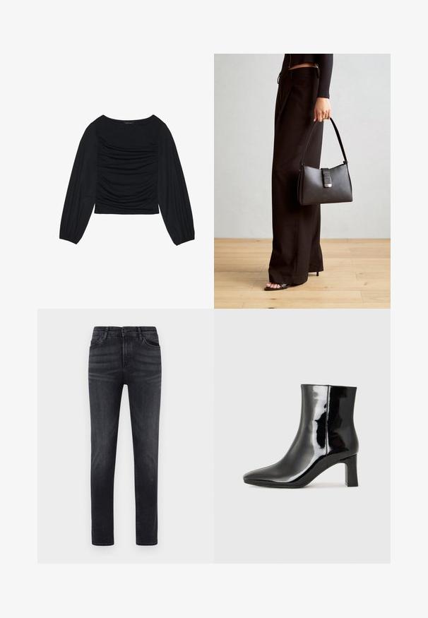 Black long-sleeve top featuring gathered fabric detail at the front and wrists, made of soft, stretchy material with a boat neckline.; Black denim jeans with a straight cut. Feature five pockets, button fly, and belt loops. The fabric has a smooth texture and slight stretch.; Black patent leather ankle boot with a pointed toe and a mid-height block heel. Smooth texture and minimalist design.; Black handbag with structured shape, smooth texture, and a metallic clasp. Paired with wide black pants and open-toe sandals on wooden floor.