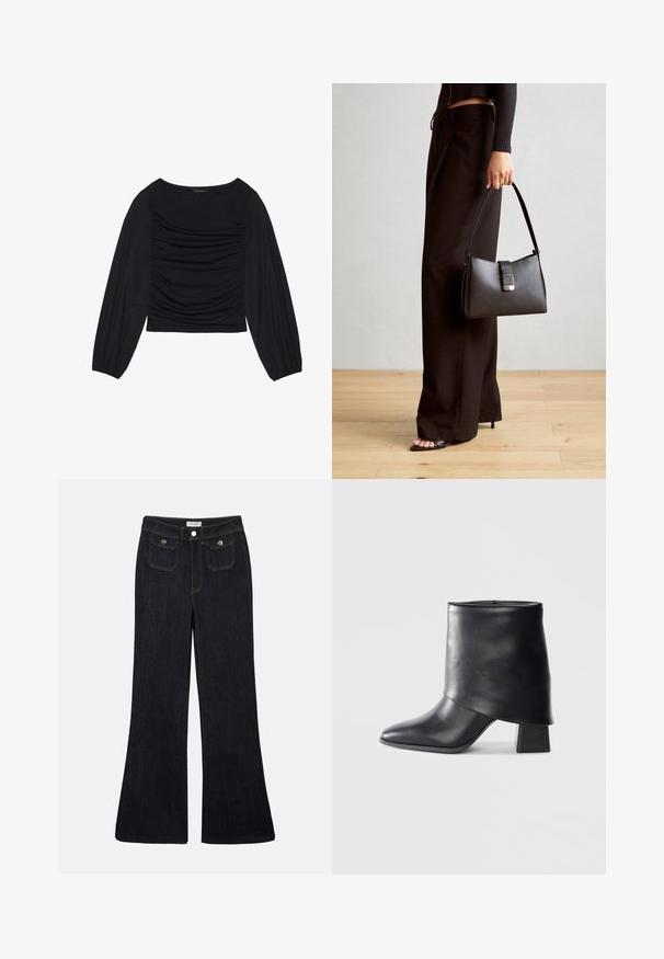 Must mustaga, millel on ees ja randmetel kokku tõmmatud kangadetailid, valmistatud pehmest ja venivast materjalist ning paadi kaelusega.; Mustad tume denim püksid, millel on kõrge vöökoht, kaks esikot ja oranž õmblus. Materjal näeb välja vastupidav ja sile.; Mustad nahast pahkluuring, millel on terav varvas, sile tekstuur ja struktureeritud plokknakk. Omab kõrget, volditud suud.; Must musta kott, millel on struktureeritud kuju, sile tekstuur ja metallist klamber. Kombineeritud laiate mustade pükstega ja avatud varvaste sandaalidega puidust põrandal.