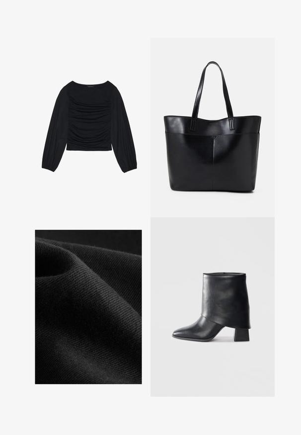 Top lung cu maneci lungi, de culoare neagră, având detalii din material plisat în față și la încheieturi, realizat dintr-un material moale și elastic, cu decolteu tip barcă.; Material negru cu textură fină și un luciu subtil, prezentând un model de țesătură diagonală și o cădere moale, flexibilă.; Botine din piele neagră cu vârf ascuțit, textură netedă și toc bloc structurat. Prezintă un design cu manșetă înaltă și pliată.; Geantă oversized din piele neagră, cu două mânere lungi, de textură netedă și formă structurată. Are un buzunar frontal pentru stocare suplimentară.