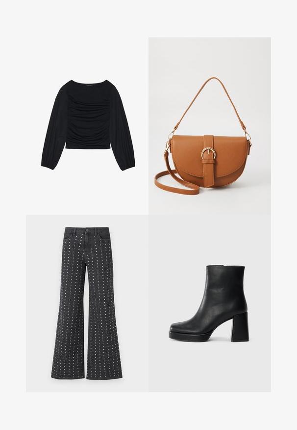 Svart langermet topp med rynket stoffdetalj foran og ved håndleddene, laget av mykt, elastisk materiale med båthals.; Sorte, utvidete denimjeans med et mønster av små sølvnagler ordnet vertikalt. Fem lommer og en knappelukking er inkludert.; Sorte skinnankelsko med blokkhæl og plattformsåle, sett fra siden på en enkel hvit bakgrunn.; Brun lærcrossbody-veske med en buet form, gullhardware og et spenneakcent. Har en avtakbar skulderreim.
