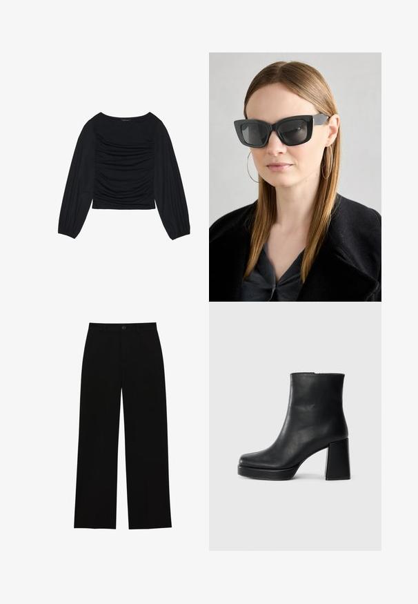 Top lung cu maneci lungi, de culoare neagră, având detalii din material plisat în față și la încheieturi, realizat dintr-un material moale și elastic, cu decolteu tip barcă.; Pantaloni negri, cu talie înaltă, cu picioare largi, realizați dintr-un material neted, cu un front plat, închidere cu nasture și fără buzunare vizibile.; Botină din piele neagră, cu toc pătrat și talpă platformă, văzută din lateral pe un fundal alb simplu.; Ochelari de soare negri tip cat-eye cu lentile întunecate, rame groase și accente subtile. Purtați cu o haină neagră și un top gri, având părul lung și drept.