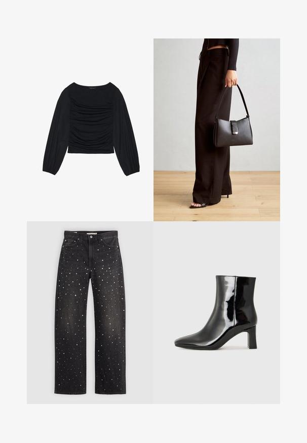 Svart langermet topp med rynket stoffdetalj foran og ved håndleddene, laget av mykt, elastisk materiale med båthals.; Sorte denim jeans med løs passform, prydet med spredte sølv-, gull- og hvite prikker. Designet med klassiske lommer og metallkomponenter.; Sorte patentlær ankle boot med spiss tå og en mellomhøy blokkhelt. Glatt tekstur og minimalistisk design.; Svart håndveske med strukturert form, jevn tekstur og metallisk lås. Kombinert med brede svarte bukser og sandaler med åpen tå på tregulv.