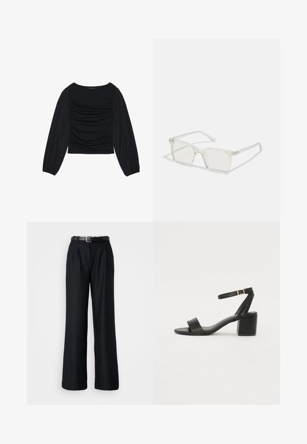 Černý top s dlouhým rukávem, který má na přední straně a zápěstích nařasený materiál. Je vyroben z měkkého, elastického materiálu a má lodní výstřih.; Černé kalhoty s širokými nohavicemi vyrobené z hladké látky, s předními záhyby a odpovídajícím černým opaskem se stříbrnou sponou.; Černé sandály na vysokém podpatku s hladkým koženým svrškem, otevřenou špičkou, širokými předními pásky a nastavitelným páskem kolem kotníku se zlatou přezkou.; Průhledné plastové brýle čtvercového rámečku s průsvitnými čočkami, které mají zlaté akcenty na spáncích pro zvýraznění detailů.