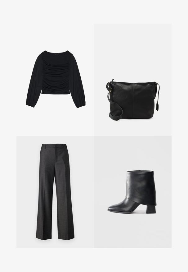 Juodas ilgomis rankovėmis viršus, su surinkta medžiaga priekyje ir ant riešų, pagamintas iš minkštos, elastingos medžiagos, su laivagalio kaklu.; Copenhagen Muse TAILOR - Kelnės - black medium grey; Juodos odinės kulkšnės botai su smailiu pirštu, lygiu paviršiumi ir standžiu blokiniu kulnu. Ypatybė - aukštas, sulankstytas užkulnis.; Juodas odinis per petį nešiojamas krepšys plokščia forma, su auksiniais detalių akcentais ir reguliuojama juosta. Lygi tekstūra su minimaliais siuvimo elementais.