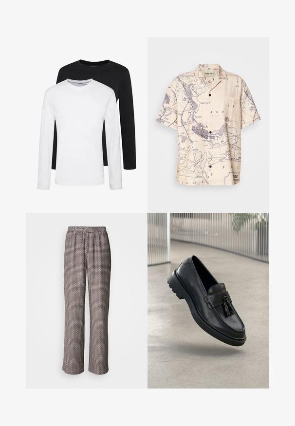 To lange ærmede skjorter, en sort og en hvid, lavet af bomuld med rund hals og en glat tekstur, vist i en stakket opstilling.; Kortærmet skjorte i lys beige stof med kortlægning i marineblå, med en klassisk krave og brystlomme.; Bredde bukser lavet af letvægtsstof med et sort-hvidt geometrisk mønster og en elastisk talje.; Sorte læderloafer med glat finish, dekorativ kvast, tyk gummisål og syede detaljer. Let og elegant design.