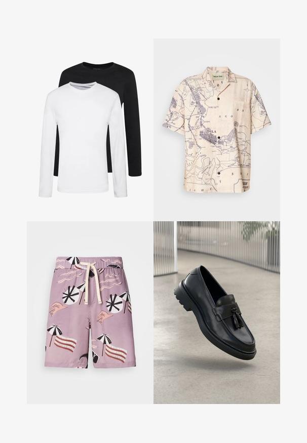 Twee longsleeves, één zwart en één wit, gemaakt van katoen met ronde hals en een gladde textuur, gepresenteerd in een gestapelde opstelling.; Korte mouwenshirt van lichtbeige stof met een kaartprint in marineblauw, voorzien van een klassieke kraag en een borstzak.; Zwemshorts van lichtpaarse stof, met een grafisch patroon van strandparaplu's, golvende lijnen en gestileerde handen in contrasterende kleuren.; Zwarte leren loafers met een gladde afwerking, decoratieve kwast, dikke rubberen zool en gestikte accenten. Lichtgewicht en strak ontwerp.
