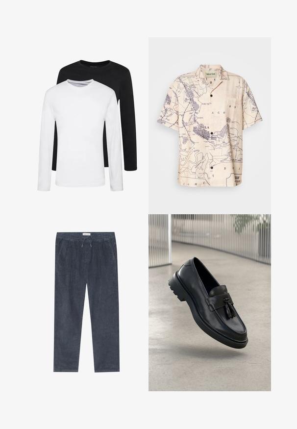 Twee longsleeves, één zwart en één wit, gemaakt van katoen met ronde hals en een gladde textuur, gepresenteerd in een gestapelde opstelling.; Korte mouwenshirt van lichtbeige stof met een kaartprint in marineblauw, voorzien van een klassieke kraag en een borstzak.; Marine corduroy broek met een elastische taille en koord; heeft zijzakken en een verticale ribstructuur. Rechte pijpdesign.; Zwarte leren loafers met een gladde afwerking, decoratieve kwast, dikke rubberen zool en gestikte accenten. Lichtgewicht en strak ontwerp.