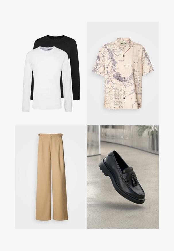 Kaksi pitkähihasta paitaa, yksi musta ja yksi valkoinen, puuvillasta valmistettuja, pyöreäkaula-aukolla ja sileällä pinnalla, esillä pinoamalla.; Lyhythempärinen paita vaaleanbeigeistä kankaasta, jossa on tummansinisellä karttakuva, klassinen kaulus ja etutasku.; Beige levelet trouserit korkealla vyötäröllä, laskostetulla edellä ja vyölenkeillä. Valmistettu sileästä kankaasta, jossa on puhdas ja minimalistinen muotoilu.; Mustat nahkaiset loafersit, joissa on sileä pinta, koristeellinen hapsu, paksu kumipohja ja ommellut yksityiskohdat. Kevyt ja virtaviivainen muotoilu.