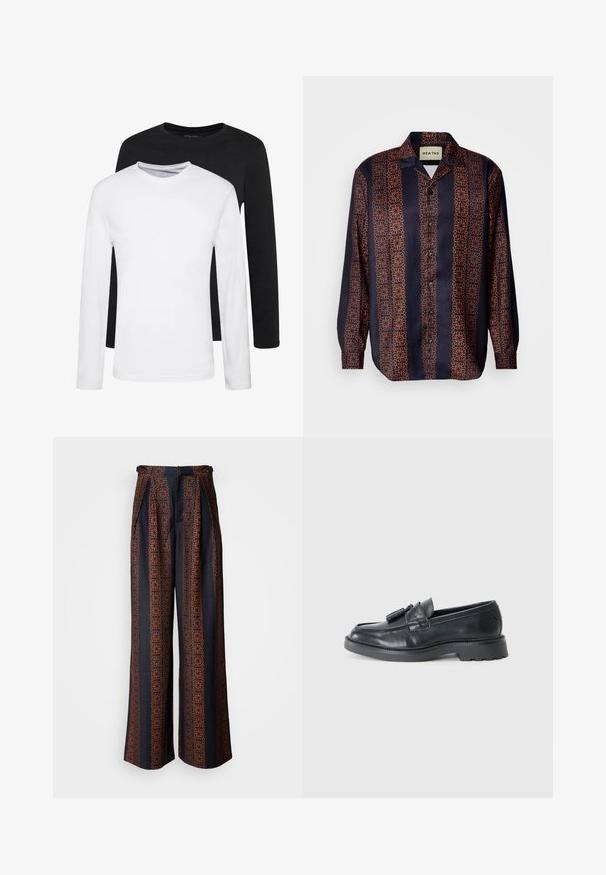Two long-sleeve shirts, one black and one white, made of cotton with crew necks and a smooth texture, displayed in a stacked arrangement.; Navy button-up shirt with a floral geometric pattern in shades of orange. Features a collar and long sleeves with buttoned cuffs.; Wide-leg trousers in dark blue fabric featuring an intricate orange geometric pattern, with pleated front and a fitted waistband.; Black leather loafers featuring a rounded toe, a strap with tassels, and a chunky sole with a tread pattern. Smooth texture and classic design.