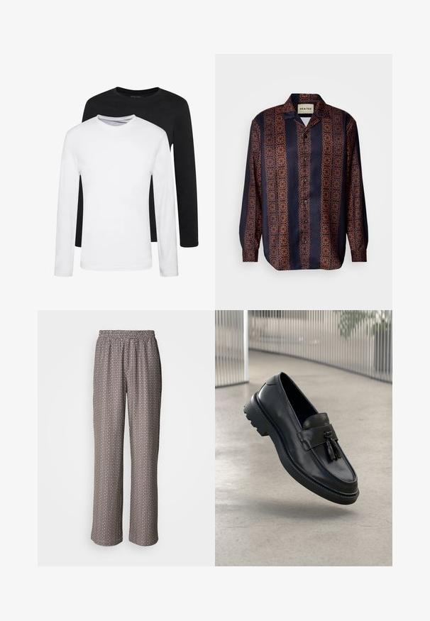To lange ærmede skjorter, en sort og en hvid, lavet af bomuld med rund hals og en glat tekstur, vist i en stakket opstilling.; Marineblå skjorte med knapper og et blomstret geometrisk mønster i nuancer af orange. Har en krave og lange ærmer med knapmanchetter.; Bredde bukser lavet af letvægtsstof med et sort-hvidt geometrisk mønster og en elastisk talje.; Sorte læderloafer med glat finish, dekorativ kvast, tyk gummisål og syede detaljer. Let og elegant design.