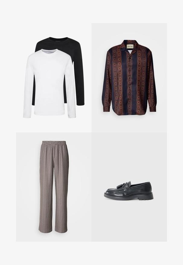 Kaks pikkade varrukatega t-särki, üks must ja teine valge, valmistatud puuvillast, neil on ümar kaelus ja siledad tekstuurid, esitletud kuhjana.; Tumedast nööbitav särk, millel on lilleline geomeetriline muster oranžide toonidega. Särgil on krae ja pikad varrukad, millel on nööpidega mansetid.; Kerged püksid, mis on valmistatud kergest kangast, must-valge geomeetrilise mustriga ja elastse vöökoha külge.; Mustad mustad nahast loafers, millel on ümmargune nina, tald nööpidega ja tugeva mustriga. Sile tekstuur ja klassikaline disain.