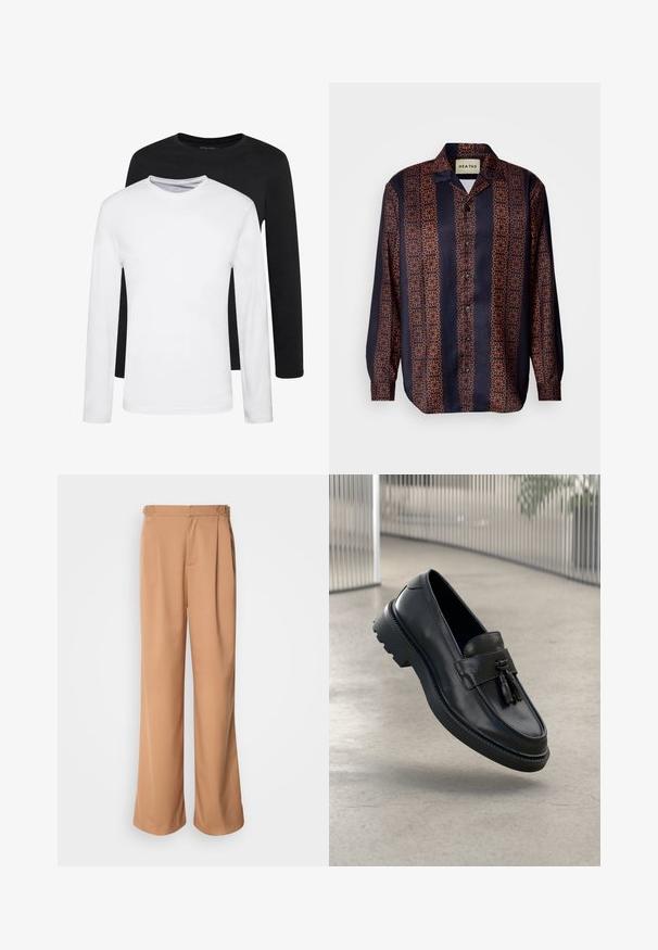 Duas camisas de mangas longas, uma preta e uma branca, feitas de algodão, com decote redondo e uma textura suave, expostas em uma disposição empilhada.; Camisa azul-marinho abotoada com um padrão geométrico floral em tons de laranja. Apresenta colarinho e mangas longas com punhos abotoados.; Calças largas, cortadas, feitas de tecido bege suave, com pregas frontais e detalhes metálicos na cintura.; Mocassins de couro preto com acabamento liso, tassel decorativo, sola grossa de borracha e detalhes costurados. Design leve e elegante.
