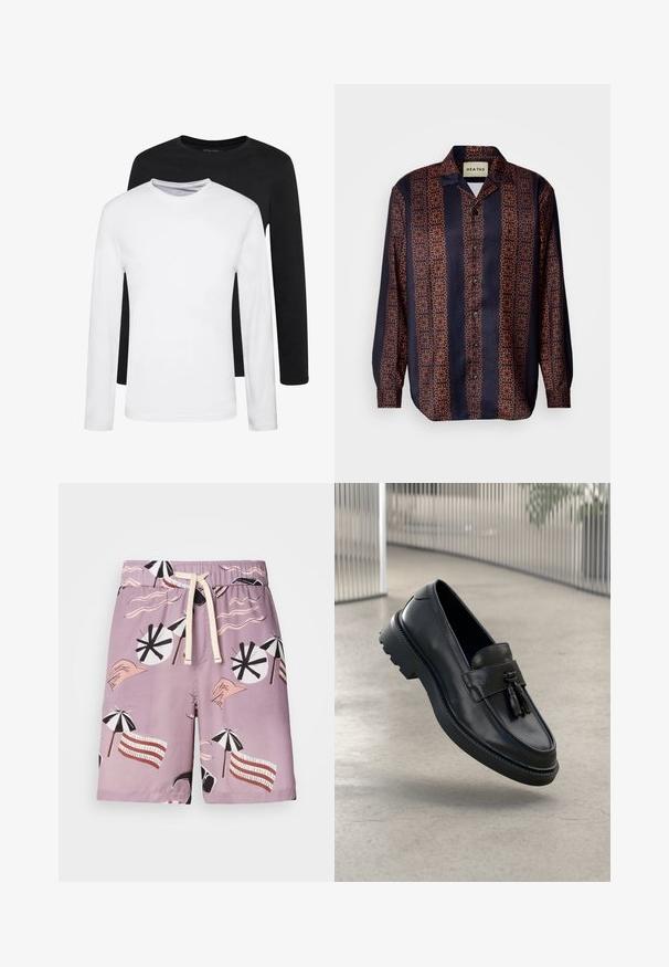 Deux chemises à manches longues, l'une noire et l'autre blanche, en coton avec un col rond et une texture lisse, présentées dans un arrangement empilé.; Chemise à boutons marine avec un motif floral géométrique dans des tons d'orange. Comprend un col et des manches longues avec des poignets à boutons.; Maillots de bain en tissu violet clair, ornés d'un motif graphique de parasols de plage, de lignes ondulées et de mains stylisées dans des couleurs contrastées.; Mocassins en cuir noir à finition lisse, avec pompon décoratif, semelle en caoutchouc épaisse et détails cousus. Design léger et élégant.