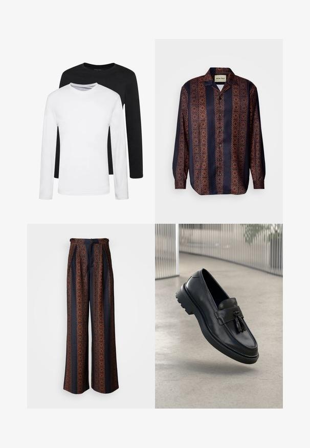 Zwei Langarmshirts, eines schwarz und eines weiß, aus Baumwolle mit Rundhalsausschnitten und glatter Textur, in einer gestapelten Anordnung präsentiert.; Marineblaues Hemd mit Knopfleiste und einem floralen geometrischen Muster in Orangetönen. Mit Kragen und langen Ärmeln mit geknöpften Manschetten.; Weite Hosen aus dunkelblauem Stoff mit einem aufwendigen orangen geometrischen Muster, mit gefaltetem Vorderteil und einem taillierten Bund.; Schwarze Leder-Loafer mit glatter Oberfläche, dekorativem Quasten, dicker Gummisohle und abgesteppten Akzenten. Leichtes und schlankes Design.