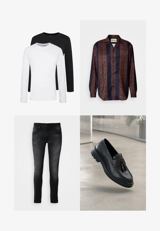 Dos camisetas de manga larga, una negra y una blanca, hechas de algodón, con cuello redondo y una textura suave, exhibidas en un arreglo apilado.; Camisa de botones azul marino con un patrón geométrico floral en tonos naranjas. Presenta un cuello y mangas largas con puños abotonados.; Jeans de mezclilla negra con un ajuste slim, diseño de cinco bolsillos, un leve desgastado y costuras en contraste. Presentan un cierre clásico de botón metálico y cremallera.; Mocasines negros de cuero con acabado liso, borla decorativa, suela gruesa de goma y detalles cosidos. Diseño ligero y elegante.