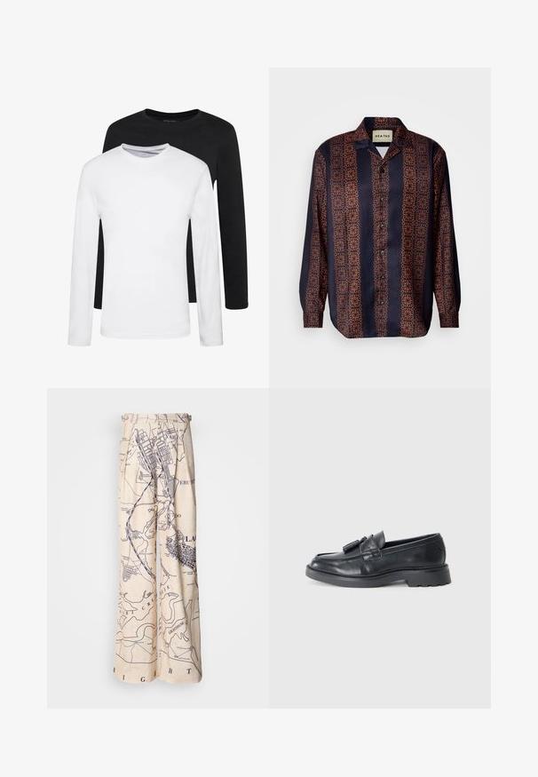 Du švarkai su ilgomis rankovėmis, vienas juodas ir vienas baltas, pagaminti iš medvilnės, su apvaliais iškirpimais ir lygiu paviršiumi, išdėstyti sluoksniuotai.; Tamsiai mėlyna mygtukų marškiniai su gėlių geometriniu raštu oranžinės atspalviuose. Turinti apykaklę ir ilgomis rankovėmis su mygtukais.; Plati kojinės, kurių dizainas remiasi žemėlapių raštu tamsiai mėlynos spalvos ant smėlio fono, su gurnų detalėmis juosmens srityje ir laisvu siluetu.; Juodi odiniai loafersai su apvaliu nose, juostele su kutais ir storesniu padu su raštu. Lygus paviršius ir klasikinis dizainas.