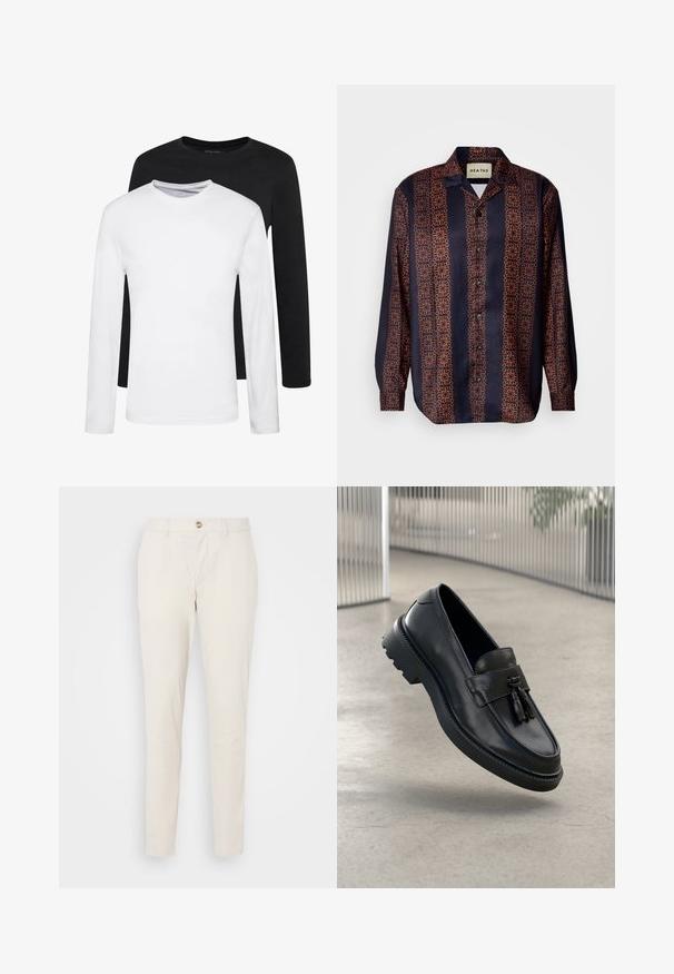 Dve majice z dolgimi rokavi, ena črna in ena bela, narejene iz bombaža z okroglim izrezom in gladko teksturo, prikazane v zloženem položaju.; Mornarska srajca z gumbi z cvetličnim geometrijskim vzorcem v odtenkih oranžne barve. Ima ovratnik in dolge rokave z gumbi na manšetah.; Svetlo bež hlače s slim fit krojem, izdelane iz gladkega bombažnega blaga. Imajo gumb za zapiranje, zanke za pas in običajne žepe.; Črni usnjeni mokasini z gladkim zaključkom, dekorativnimi cofki, debelim gumijastim podplatom in všitimi poudarki. Lahka in elegantna zasnova.