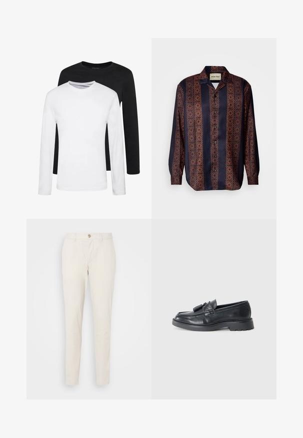 Dva majice dugih rukava, jedna crna i jedna bijela, izrađene od pamuka s okruglim izrezom i glatkom teksturom, prikazane u složenom aranžmanu.; Mornarica košulja s dugim rukavima u cvjetnom geometrijskom uzorku u nijansama narančaste. Ima ovratnik i dugmad na manžetama.; Svijetlosmeđi hlače slim fit kroja, izrađene od glatke pamučne tkanine. Sadrže kopčanje na gumb, petlje za remen i standardne džepove.; Crne kožne loferice s okruglim vrhom, trakicom s resicama i masivnim potplatom s uzorkom. Glatka tekstura i klasični dizajn.