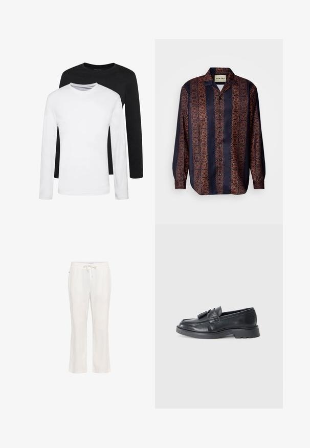 Dva majice dugih rukava, jedna crna i jedna bijela, izrađene od pamuka s okruglim izrezom i glatkom teksturom, prikazane u složenom aranžmanu.; Mornarica košulja s dugim rukavima u cvjetnom geometrijskom uzorku u nijansama narančaste. Ima ovratnik i dugmad na manžetama.; Lagani bijeli laneni hlače s elastičnom trakom i vezicom. Ravni kroj s glatkom teksturom i bez značajnih uzoraka.; Crne kožne loferice s okruglim vrhom, trakicom s resicama i masivnim potplatom s uzorkom. Glatka tekstura i klasični dizajn.