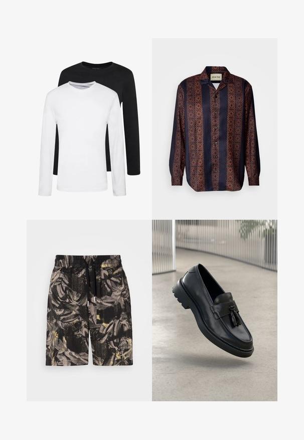 Two long-sleeve shirts, one black and one white, made of cotton with crew necks and a smooth texture, displayed in a stacked arrangement.; Navy button-up shirt with a floral geometric pattern in shades of orange. Features a collar and long sleeves with buttoned cuffs.; Black shorts with a bold, abstract leafy pattern in gray and yellow tones. Features an elastic waistband and drawstring for adjustable fit.; Black leather loafers with a smooth finish, decorative tassel, thick rubber sole, and stitched accents. Lightweight and sleek design.