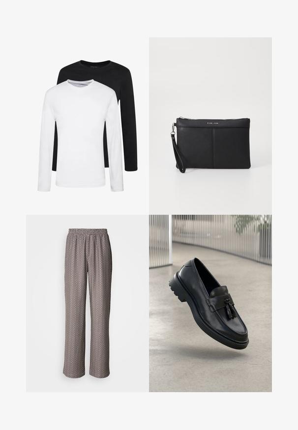To lange ærmede skjorter, en sort og en hvid, lavet af bomuld med rund hals og en glat tekstur, vist i en stakket opstilling.; Bredde bukser lavet af letvægtsstof med et sort-hvidt geometrisk mønster og en elastisk talje.; Sorte læderloafer med glat finish, dekorativ kvast, tyk gummisål og syede detaljer. Let og elegant design.; Sort syntetisk clutch med lynlåslukning, håndledsrem og en glat overflade. Har diskret syninger og et præg af logoet på fronten.