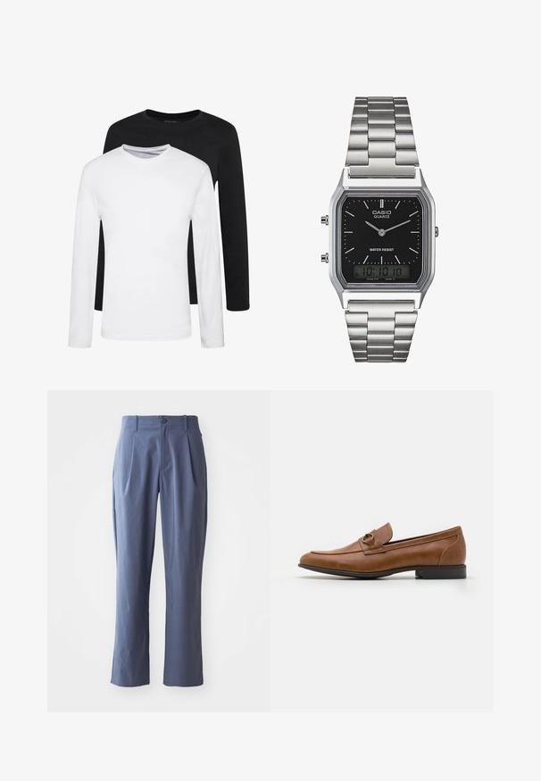 Divas garām piedurknēm, viens melns un otrs balts, izgatavoti no kokvilnas ar apaļām kakla izgriezumiem un gludu tekstūru, izvietoti sakrautas kārtībā.; Tumši zili bikses ar ieplēm, taisna griezuma, izgatavotas no viegla auduma, ar vienu pogu priekšpusē un jostu cilpiņām.; Brūni ādas mokasīni ar plakanu papēdi, ar dekoratīvu metāla akcentu priekšpusē, glītu dizainu un gludu tekstūru.; Sudraba nerūsējošā tērauda kvarca pulkstenis ar melnu taisnstūra seju, kas aprīkota ar analogajām rādītājiem, digitālo displeju un ūdensizturības norādi.