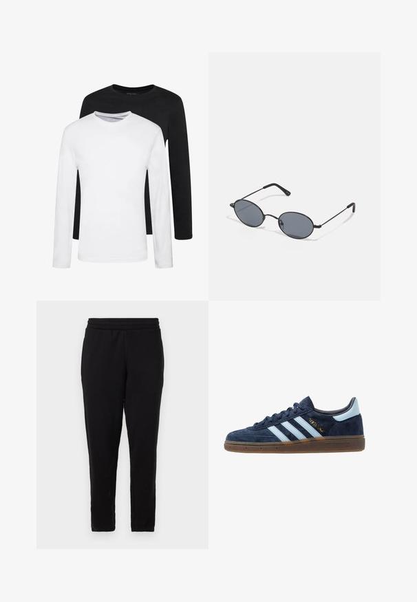 Två långärmade skjortor, en svart och en vit, tillverkade av bomull med rundad hals och en slät textur, visade i en staplad arrangemang.; Svarta sweatpants med rak skärning, elastisk midja och slät textur. Inga synliga mönster eller hårdvara. Enkel design.; Marinblå mocka Adidas-sneakers med ljusblå ränder, gummisula, ljusblå hälflik och gyllene "Spezial"-logotyp på sidan.; Svarta ovala solglasögon med mörka linser och tunna metallbågar. Har smala armar med en subtil kurva i ändarna.