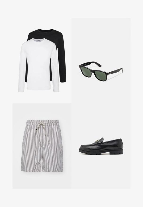 Két hosszúujjú ing, egy fekete és egy fehér, pamutból készült, kerek nyakkivágással és sima textúrával, egymásra rakva bemutatva.; Csíkos fürdőnadrág könnyű anyagból; kék függőleges csíkokkal, gumírozott derekkal és zsinórral, valamint oldalsó zsebekkel rendelkezik.; Fekete bőr loffer cipők sima felülettel, kerek orral, díszítő pánttal arany színű fémrészekkel és masszív fekete talppal.; Fekete műanyag napszemüveg zöld lencsékkel, négyzet alakú kerettel, ezüst díszítéssel a keret felső részén, valamint texturált szárakkal. A márka neve a belső száron található.
