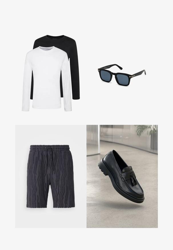 Due camicie a manica lunga, una nera e una bianca, realizzate in cotone con scollo rotondo e una texture liscia, esposte in un disposizione impilata.; Pantaloni corti neri con un motivo a onde testurizzato, cintura elastica e cordino regolabile, realizzati in un tessuto morbido e leggero.; Mocassini in pelle nera con finitura liscia, nappe decorative, suola spessa in gomma e dettagli cuciti. Design leggero ed elegante.; Occhiali da sole neri a forma quadrata con lenti scure, finitura opaca e dettagli in metallo dorato sulle tempie, caratterizzati da un design minimalista.; Clutch sintetico nero con chiusura a zip, cinturino da polso e una texture liscia. Presenta cuciture sottili e un logo impresso sul davanti.