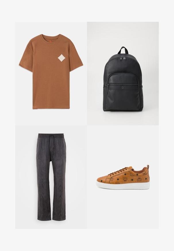 Brown cotton t-shirt with short sleeves, a round neckline, and a white diamond logo patch on the left chest.; Black pants made of soft fabric with a smooth texture, featuring an elastic waistband and drawstring, wide legs, and side seams.; Brown leather sneakers featuring embossed MCM logo, diamond pattern, white rubber sole, and contrasting brown laces.; Black leather backpack with a textured finish. Features a front zip pocket, dual top zippers, and a logo on the front. Rounded shape.