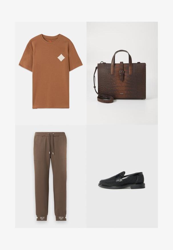 Brūns kokvilnas T-krekls ar īsām piedurknēm, apaļu kakla izgriezumu un baltu dimanta formas logo uz kreisā krūtīm.; Brūnas sašaurinātas sporta bikses ar elastīgu jostu, aukliņu, priekšējiem kabatām un balto MCM logo ribotajos potīšu cilpās.; Melnas austas slaidu kurpes ar gludu ādas akcentu augšpusē, apaļas formas purngalu un zemas profila gumijas zoli.; Brūna krokodila ādas rokassoma ar augšējiem rokturiem un noņemamu plecu siksnu. Iezīmes: sprādzes aizdare un taisnstūra forma.