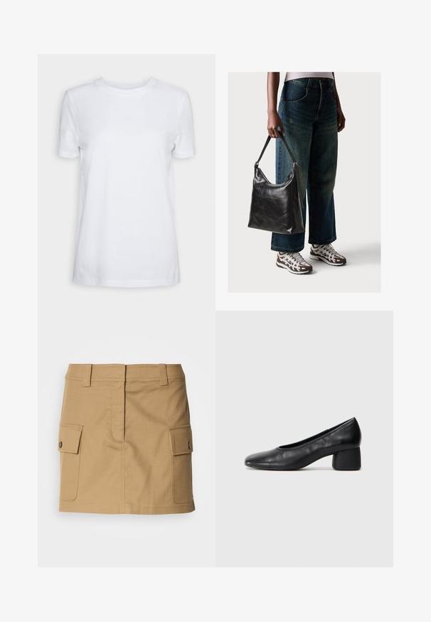 T-shirt branca de manga curta feita de algodão. Design de gola redonda com uma textura suave e sem padrões ou detalhes visíveis. Estilo básico.; Saia de algodão caqui com cintura ajustada, bolsos laterais duplos com fechos de aba e corte reto. Tecido durável com uma textura suave.; Sapato de salto preto em couro com bico arredondado e salto médio bloco. Textura suave com detalhes mínimos, apresentando uma abertura elástica discreta.; Bolsa de ombro em couro preto com textura suave e alça ajustável, combinada com jeans de perna larga desbotados e ténis desportivos.