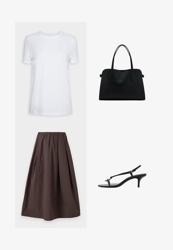 T-shirt blanc à manches courtes en coton. Design col rond avec une texture lisse et sans motifs ni accents visibles. Style basique.; Jupe mi-longue marron avec une taille élastique et des plis subtils sur un fond blanc.; Sandale à talon aiguille noire en cuir avec des fines bandoulières, boucle dorée et une boucle pour les orteils minimaliste sur fond blanc.; Sac à main en cuir noir avec deux anses, de forme rectangulaire et au design minimaliste sur un fond blanc.