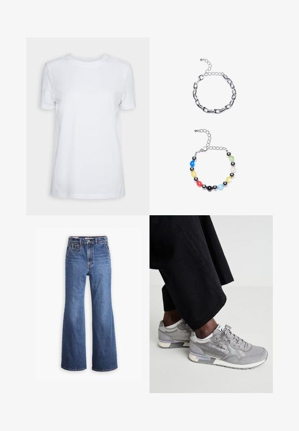 T-shirt bianco a maniche corte realizzato in cotone. Design a girocollo con una texture liscia e senza motivi o accenti visibili. Stile base.; Jeans in denim blu a vita alta con design a gamba larga, dotati di tasca frontale, chiusura con bottone in ottone e cuciture a contrasto.; Sneakers grigi con materiali in mesh e suede, dotati di una suola bianca, accenti grigi chiari e lacci. Indossati con pantaloni in tessuto neri larghi.; Bracciale in argento con maglie allungate sopra. Sotto, un bracciale colorato con perline nere, blu, verdi, gialle, rosse e trasparenti.