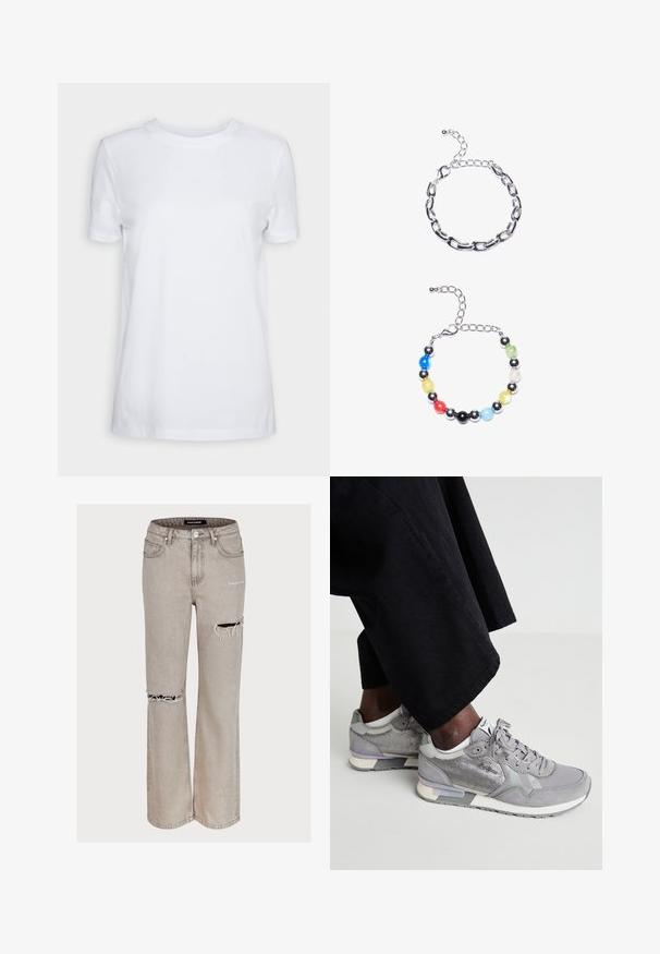Bílý tričko s krátkým rukávem vyrobené z bavlny. Design s kulatým výstřihem, hladká textura a žádné viditelné vzory nebo akcenty. Základní styl.; Světle šedé džíny v uvolněném střihu, se zdrsněnými detaily s trhlinami na kolenou a vybledlou texturou. Obsahují pět kapes a poutka na opasek.; Šedé tenisky s materiály z pletiva a nubuku, s bílou podrážkou, světle šedými akcenty a tkaničkami. Nosené s volnými černými látkovými kalhotami.; Stříbrný náramek s řetízkem s prodlouženými články nahoře. Nahoře je barevný náramek z korálků s černými, modrými, zelenými, žlutými, červenými a průhlednými korálky.