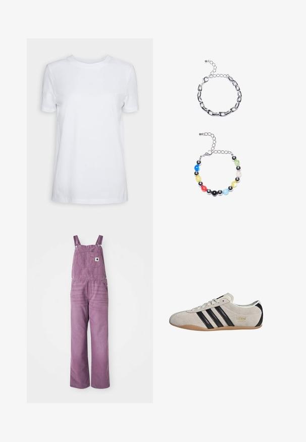 Balts īsām piedurknēm T-krekls, izgatavots no kokvilnas. Vainaga kakla dizains ar gludu tekstūru un bez redzamām rakstām vai akcentiem. Pamata stils.; Violeta džinsu pārvalki ar regulējamiem siksnām, priekšējo kabatu un platiem kājkuriem. Materiāls nedaudz teksturēts; piederumi ir izgatavoti no sudraba metāla klipiem.; Zigžņu kedas ar pelēku augšdaļu, melniem izstrādājumiem un gumijas zoli. Ietekmē saites slēgšana un zelta logo detaļa sānos.; Sudraba ķēdes aproce ar izstieptiem posmiem augšpusē. Zemāk ir krāsaina pērlīšu aproce ar melnām, zilām, zaļām, dzeltenām, sarkanām un caurspīdīgām pērlītēm.