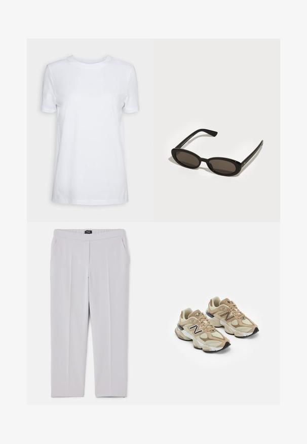 Valkoinen lyhytnähtärinen t-paita, joka on valmistettu puuvillasta. Pyöreä pääntie, sileä pinta ilman näkyviä kuvioita tai yksityiskohtia. Yksinkertainen tyyli.; Vaaleanharmaat housut, joissa on sileä kangas, vyötärökaistale, sivutaskut ja suorat lahkeet, joissa on hienot poimut.; Beige lenkkarit, joissa on verkko- ja mokkanahkamateriaaleja. Varustettu mustalla logolla ja teksturoiduilla yksityiskohdilla. Paksu valkoinen välikeen ja musta kumipohja.; Mustat aurinkolasit, joissa on ovaalit, puolivartiset linssit. Kiiltävät kehykset ja suorat varret. Tummennetut linssit, joissa on minimaalinen varustelu.